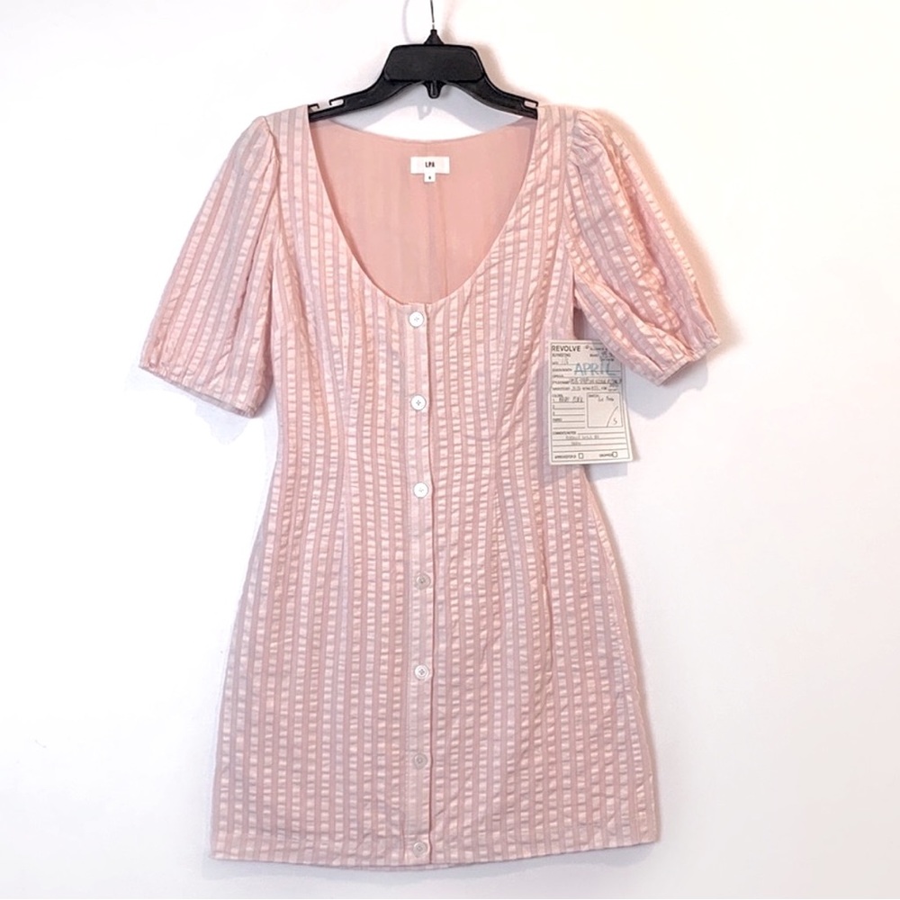 LPA Cotton Puffy Sleeves Button Up Dress in Baby Pink
